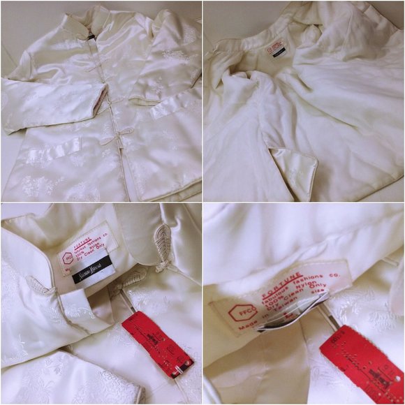 Vintage 80s NWT Fortune Quilted Jacket L Asian Brocade Pockets Frogs Satin Ivory - Picture 6 of 11